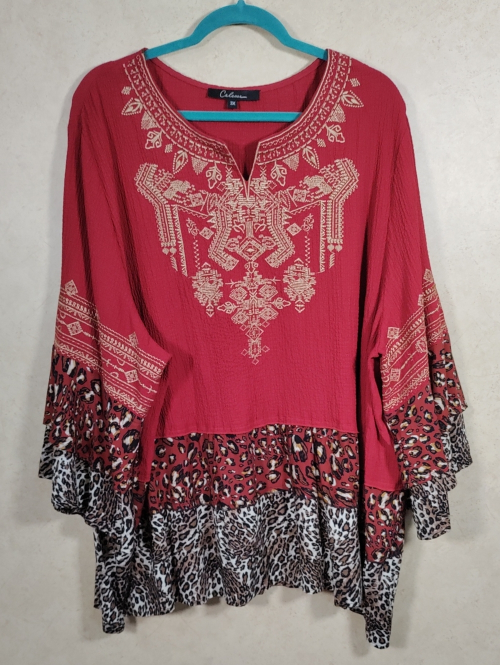 H140 Calesas Red Embroidered Boho Tunic with Leopard Trim 3X
